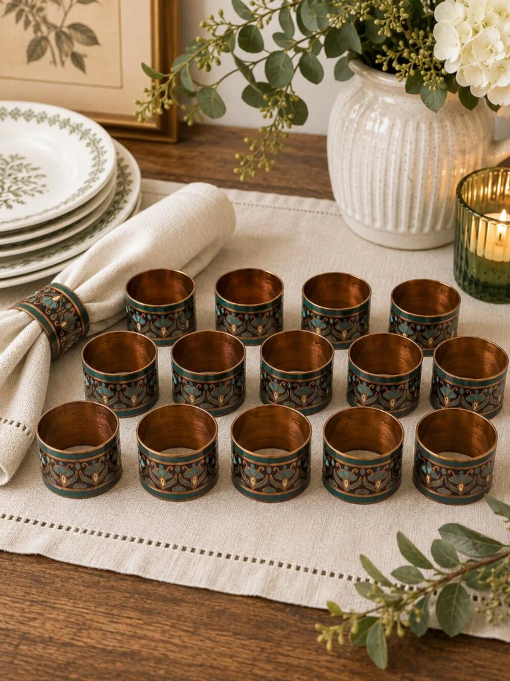 Pier 1 Imports Set of 14 Hand Painted Copper & Enamel Floral Napkin Rings 1.75